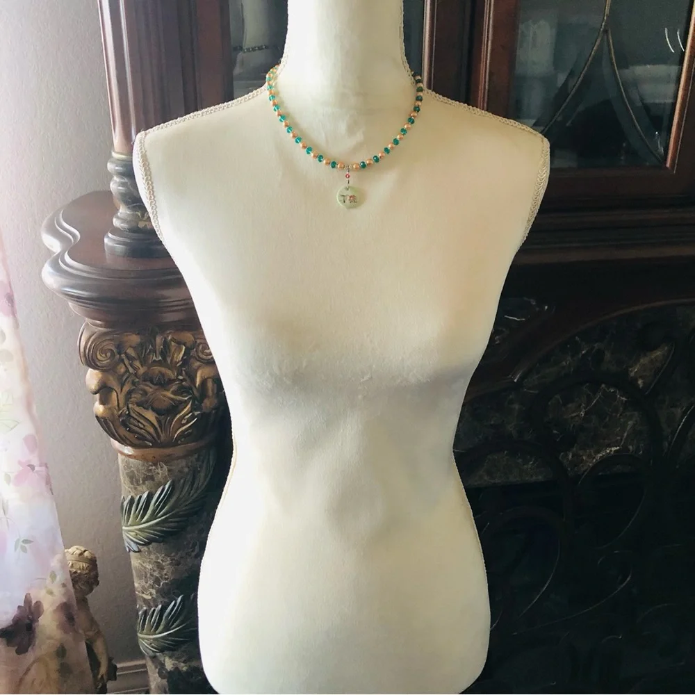 Handcrafted repurpose porcelain hummingbird disc Czech glass pearl necklace